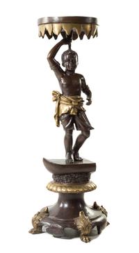 A Venetian Style Gilt and Patinated Bronze Figural Pedestal Height 47 x diameter of top 13 7/8 inches. — 20TH CENTURY