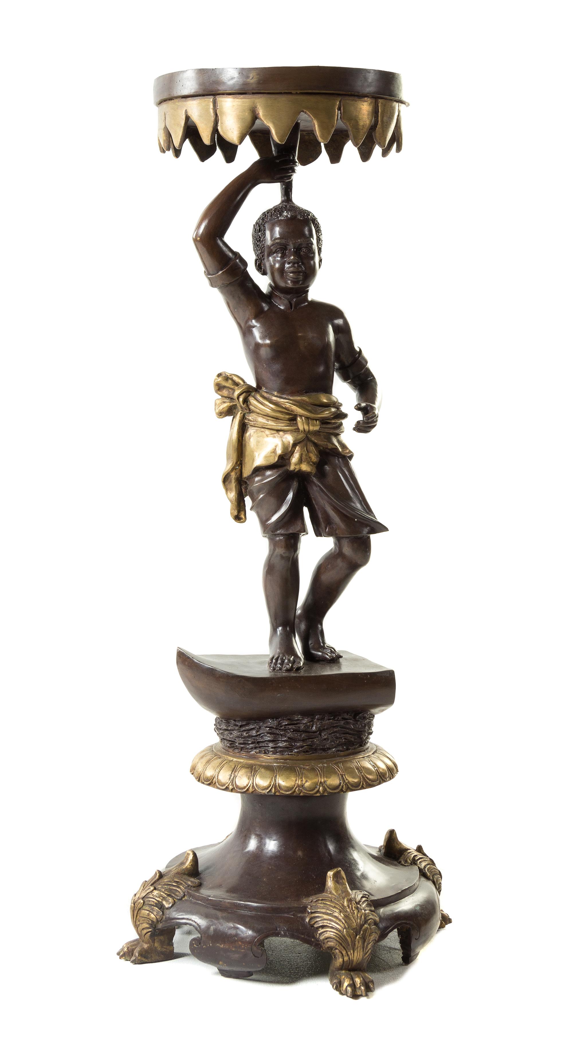 A Venetian Style Gilt and Patinated Bronze Figural Pedestal Height 47 x diameter of top 13 7/8 inches. — 20TH CENTURY