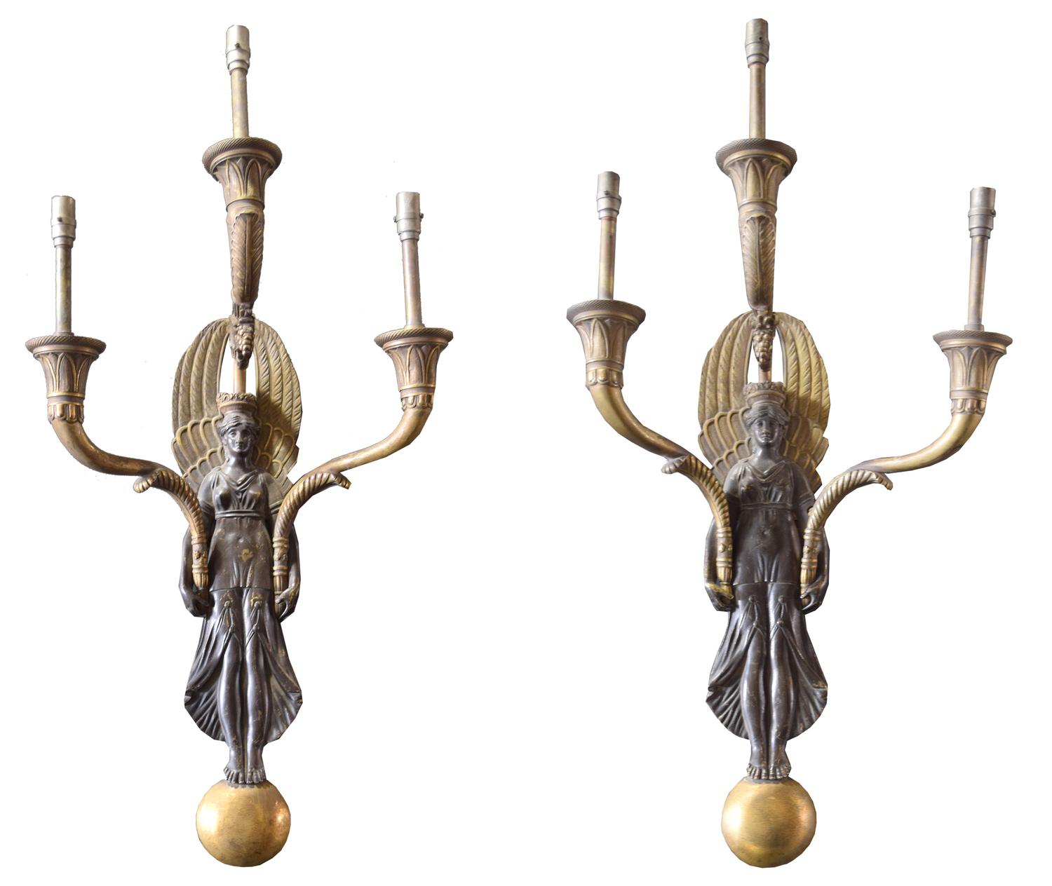 A Pair of Bronze Wall Sconces 11" W x 6" D x 21" H — United States, Early 20th Century
