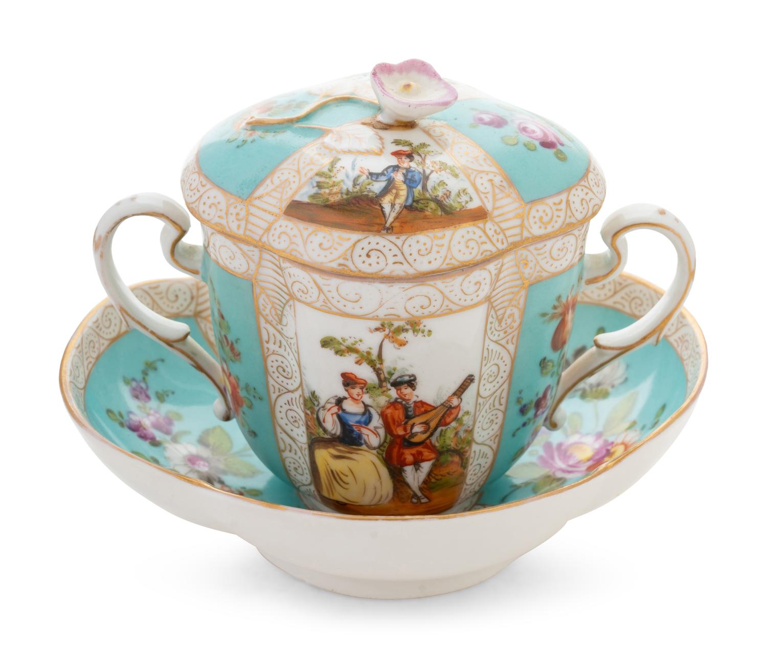 A German Porcelain Covered Cup and Saucer