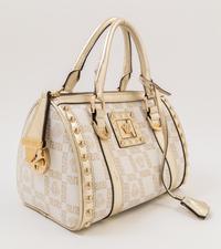 A Versace Metallic and Cream Monogram Handbag, 9.5" x 7" x 6"; Strap drop: 4".