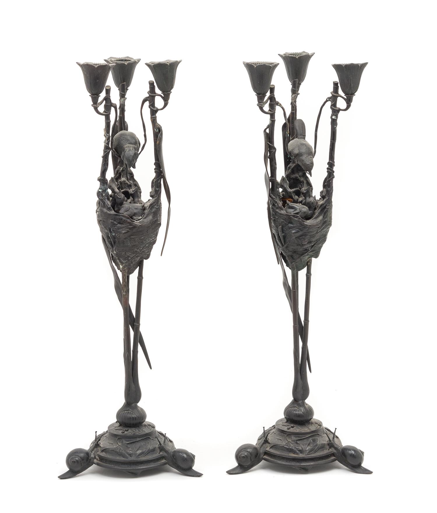 A Pair of French Bronze Three-Light Candelabra Height 20 inches. — LATE 19TH CENTURY