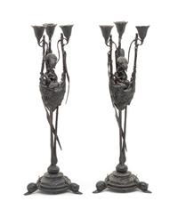 A Pair of French Bronze Three-Light Candelabra Height 20 inches. — LATE 19TH CENTURY
