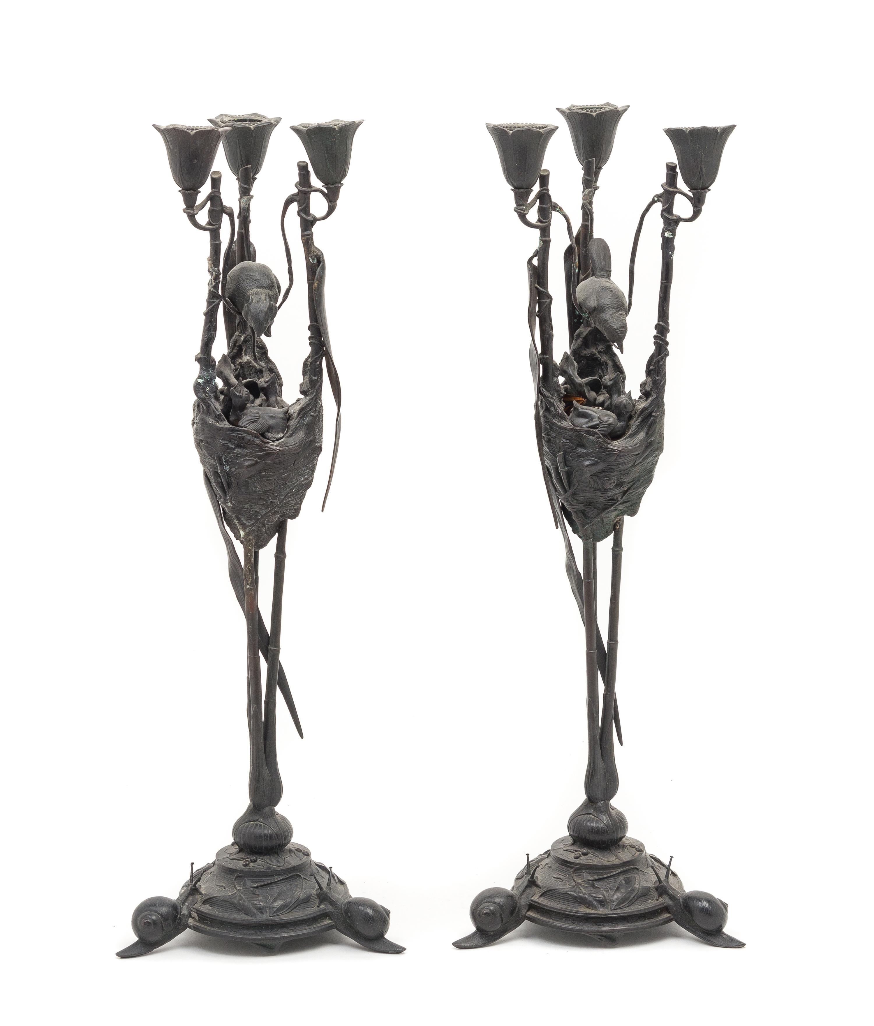 A Pair of French Bronze Three-Light Candelabra Height 20 inches. — LATE 19TH CENTURY