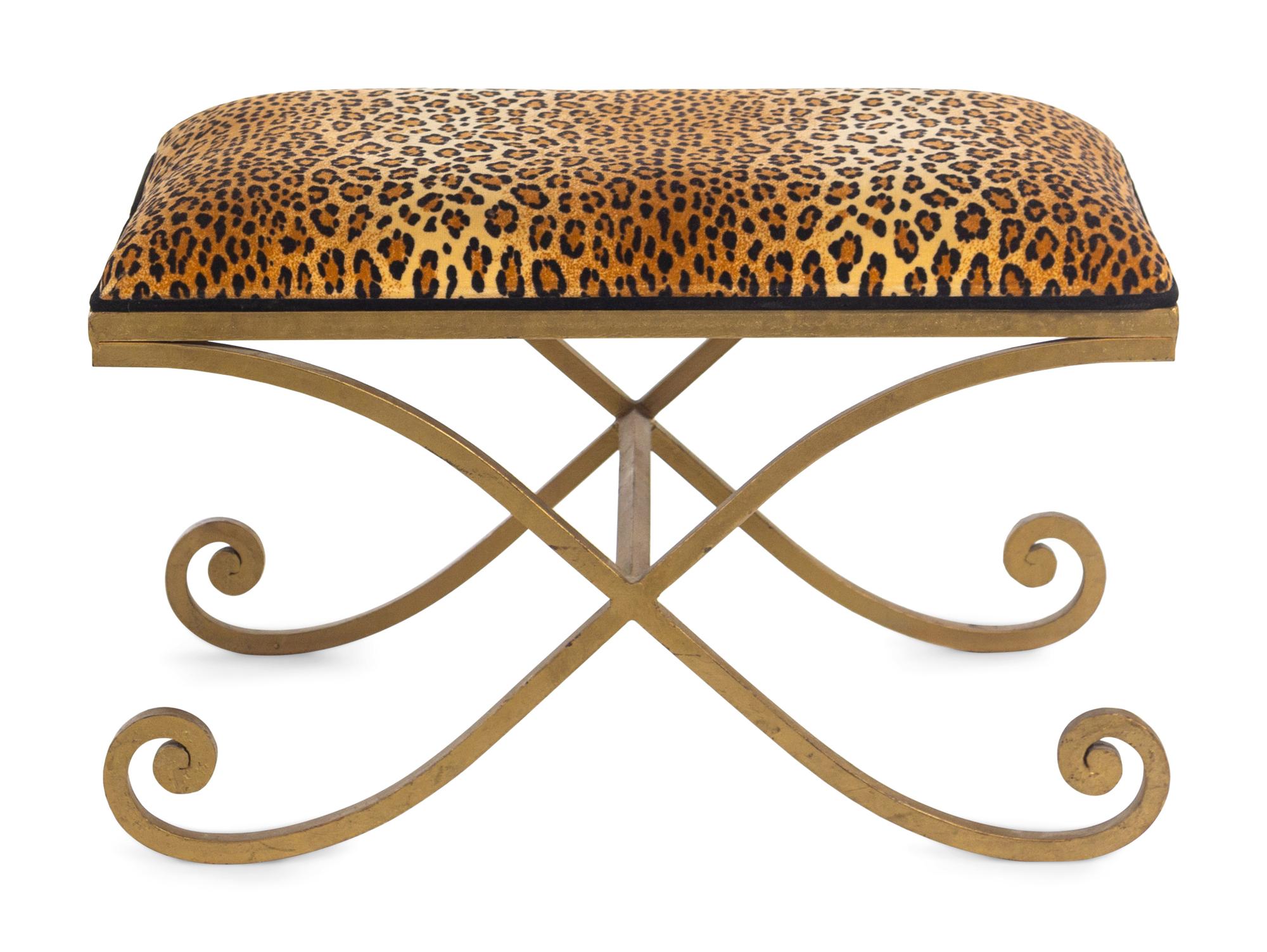 A Gilt Metal X-Form Stool with Leopard Print Upholstery