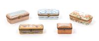 Five Limoges Hand Painted Porcelain Boxes Length of largest 3 1/2 inches.