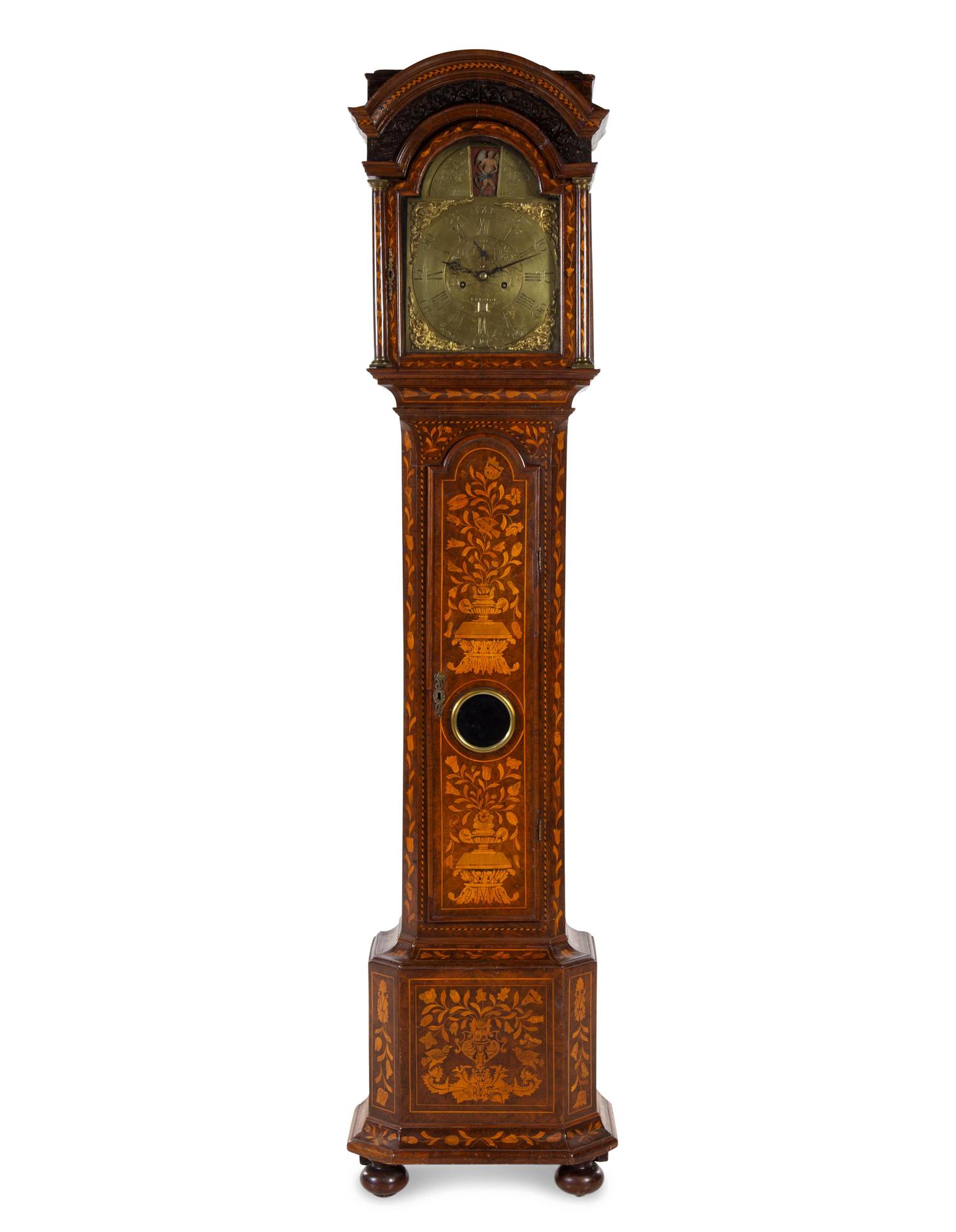 A Dutch Marquetry Decorated Tall Case Clock