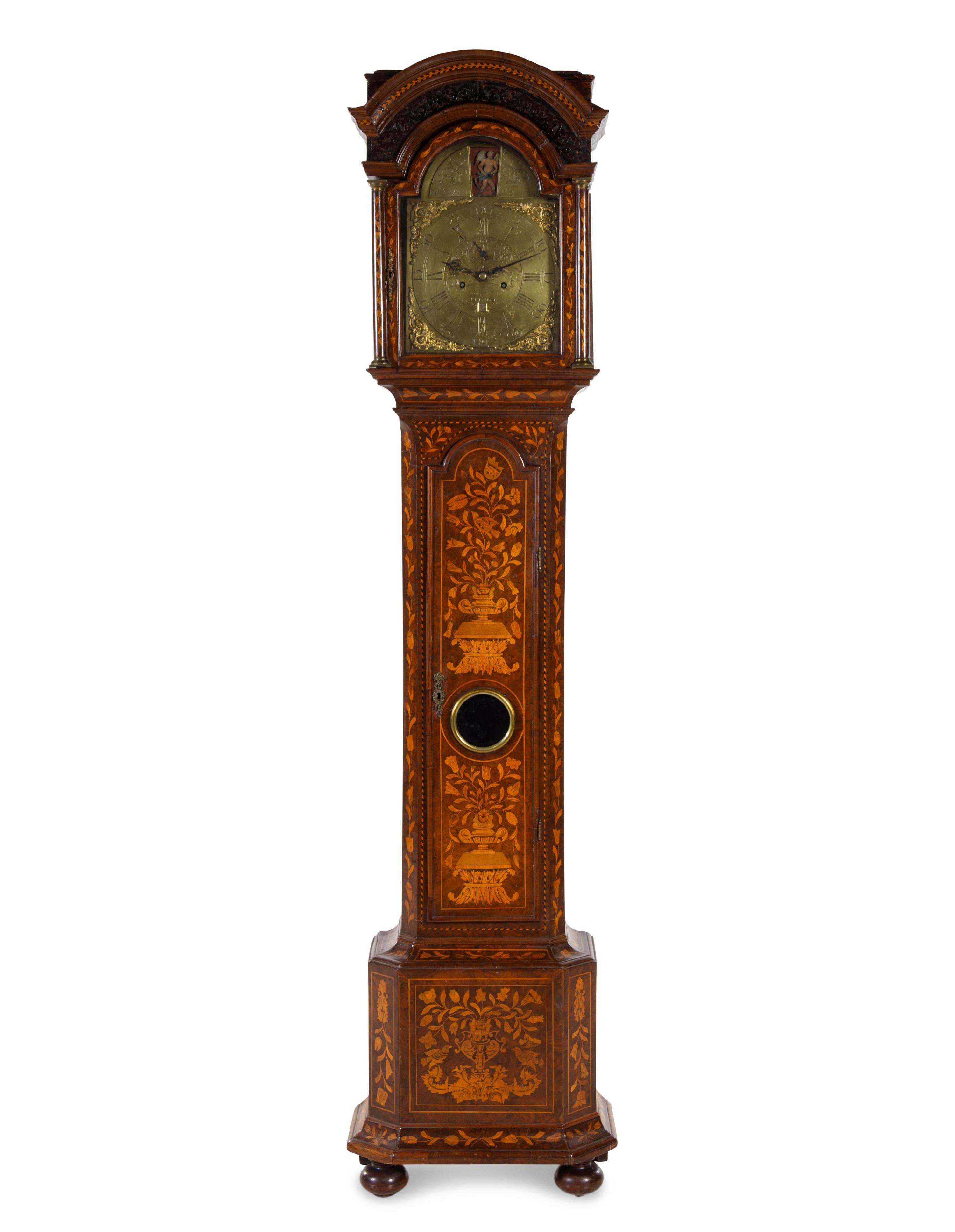 A Dutch Marquetry Decorated Tall Case Clock