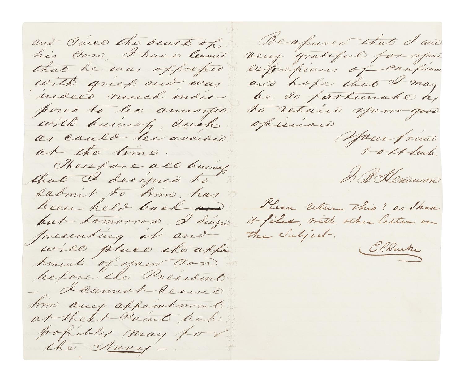 HENDERSON, John (1826-1913). Autograph letter signed ("J.B. Henderson") presumably to Emily Pillsbury Burke. Washington, D.C., 28 February 1862.