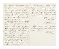 HENDERSON, John (1826-1913). Autograph letter signed ("J.B. Henderson") presumably to Emily Pillsbury Burke. Washington, D.C., 28 February 1862.