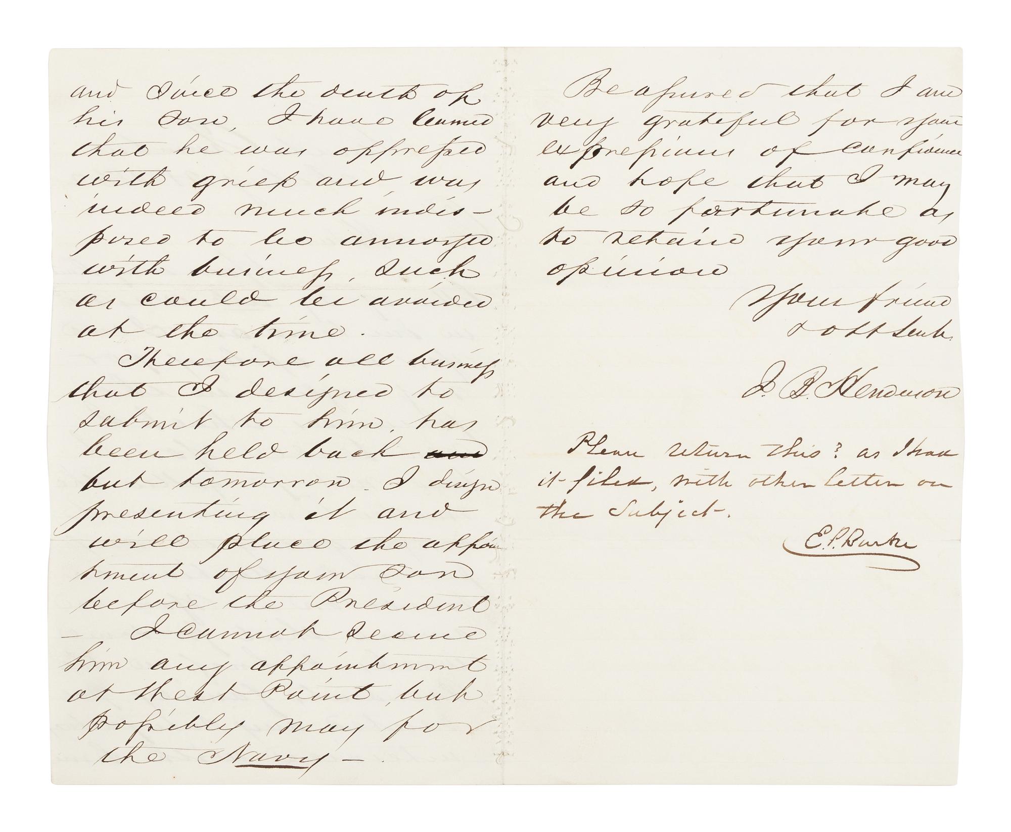 HENDERSON, John (1826-1913). Autograph letter signed ("J.B. Henderson") presumably to Emily Pillsbury Burke. Washington, D.C., 28 February 1862.