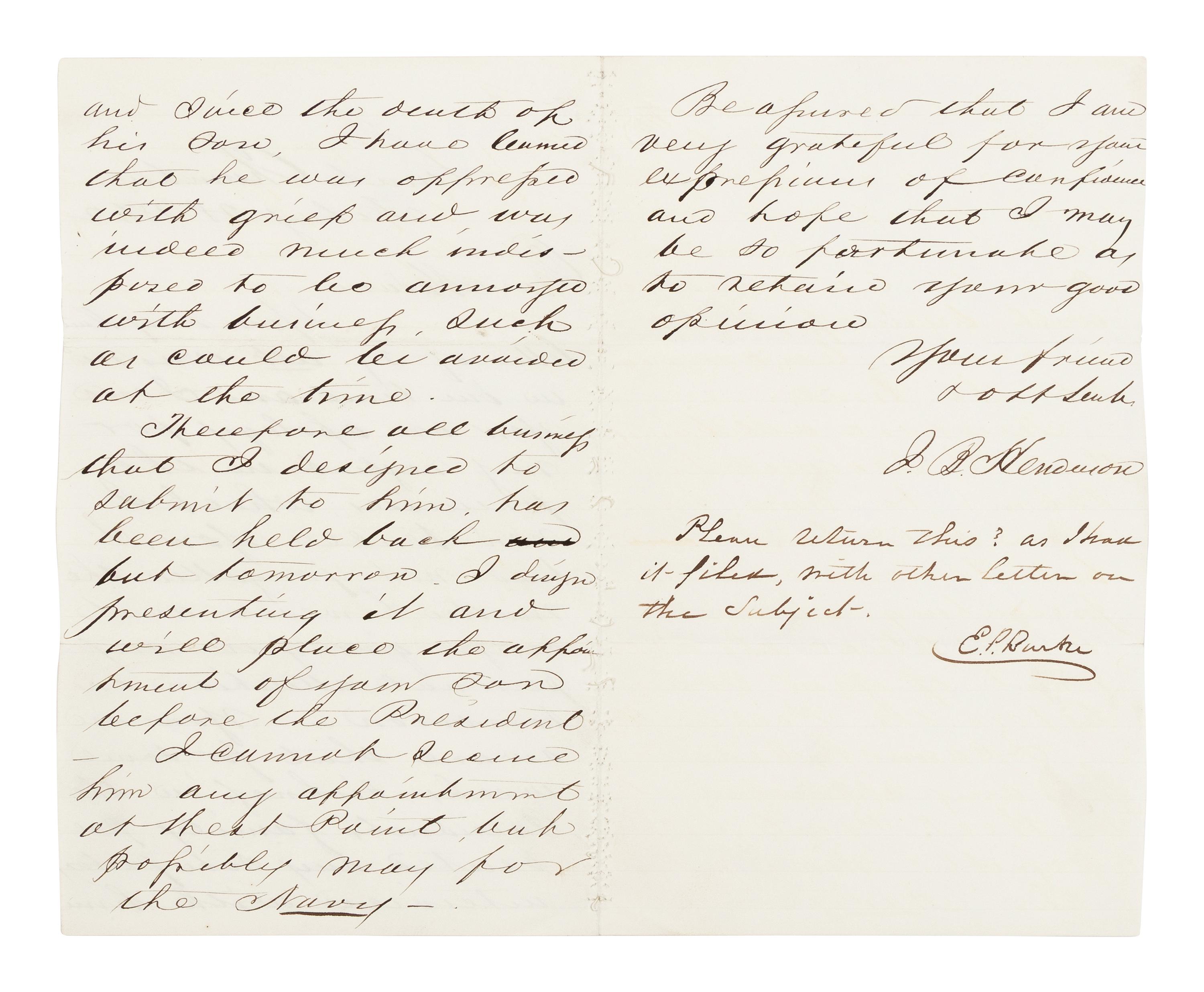 HENDERSON, John (1826-1913). Autograph letter signed ("J.B. Henderson") presumably to Emily Pillsbury Burke. Washington, D.C., 28 February 1862.