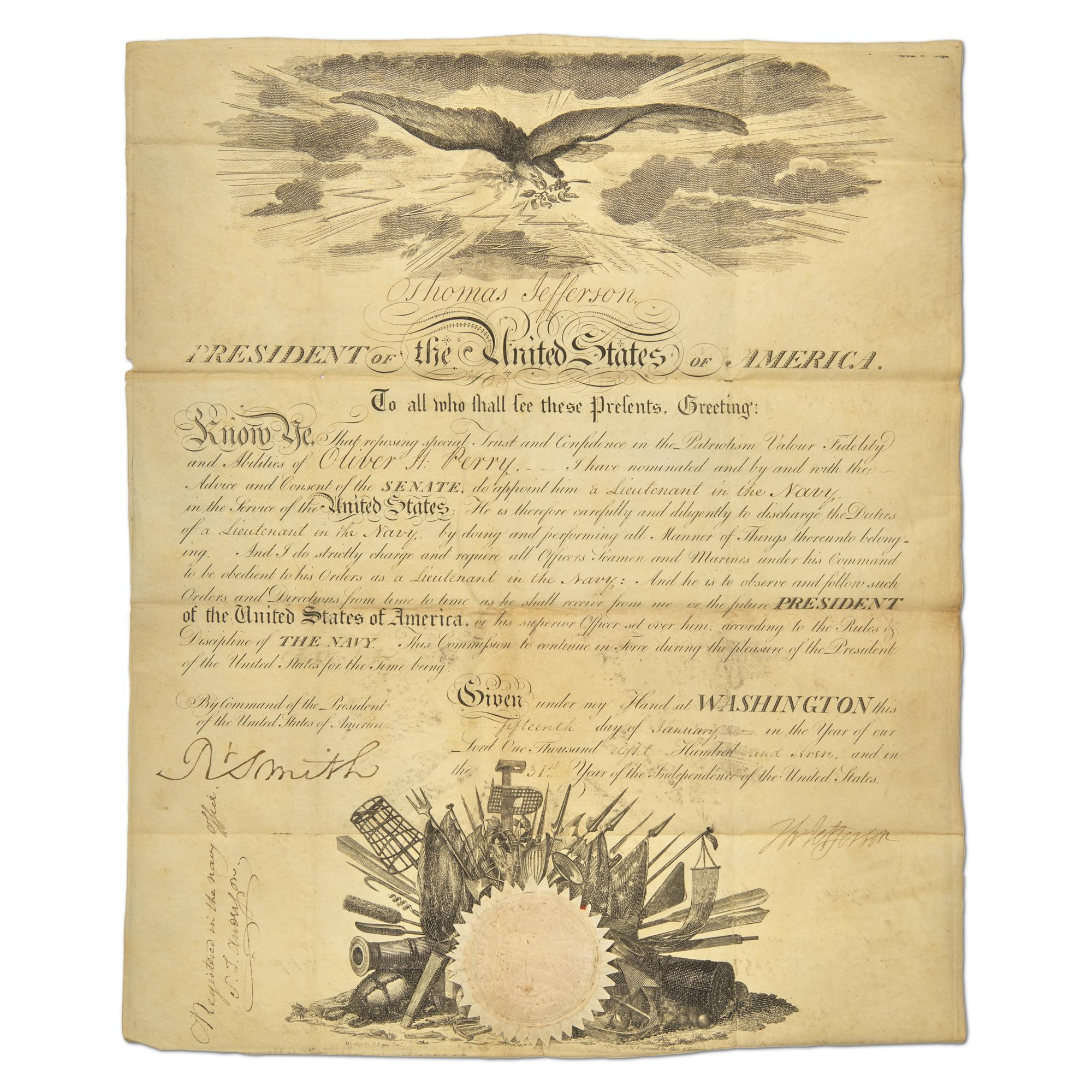 [War of 1812] The Beginnings of a Naval Hero: Commodore Oliver Hazard Perry’s 1807 Lieutenant's Commission, His First Official Promotion in the Navy, Signed by Thomas Jefferson