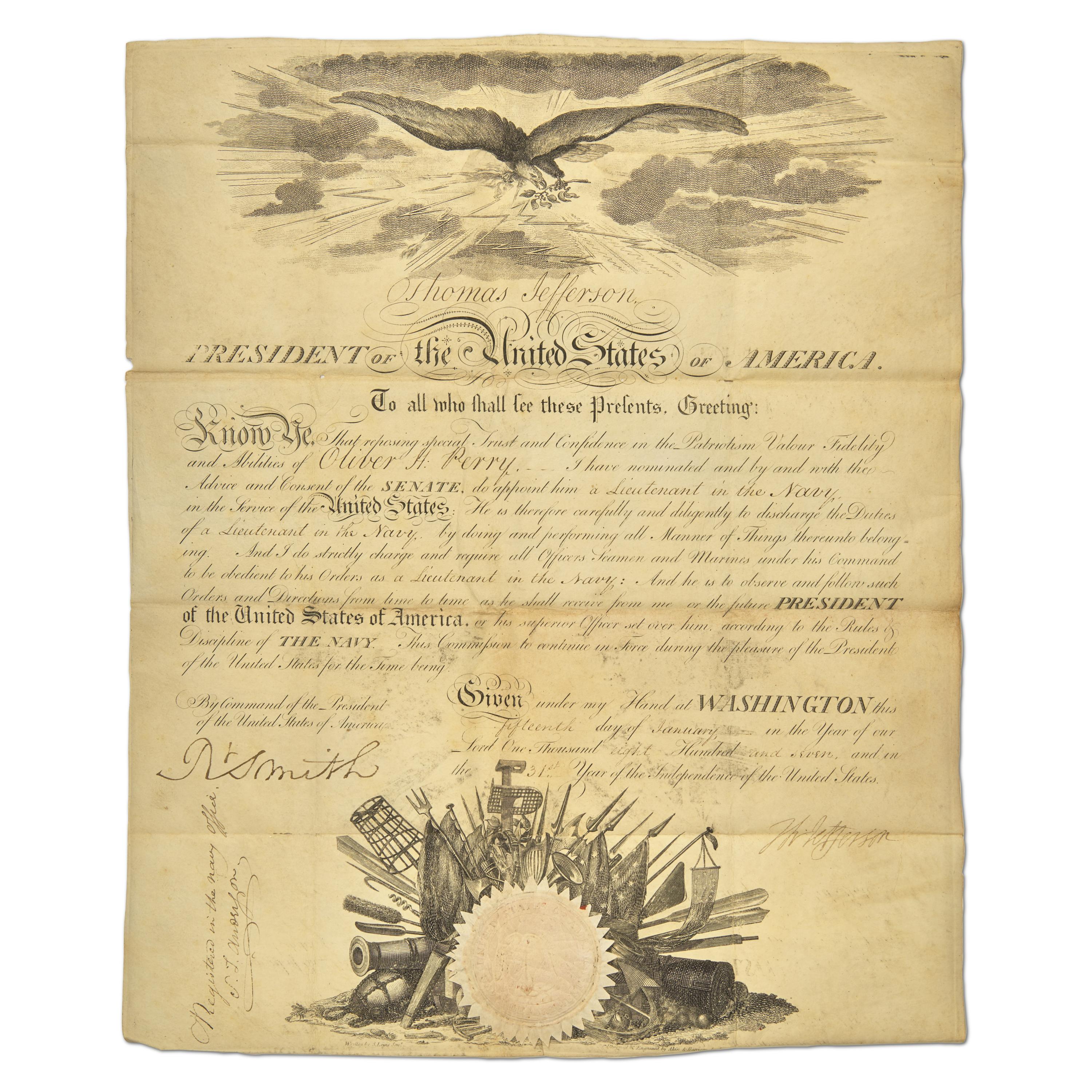 [War of 1812] The Beginnings of a Naval Hero: Commodore Oliver Hazard Perry’s 1807 Lieutenant's Commission, His First Official Promotion in the Navy, Signed by Thomas Jefferson