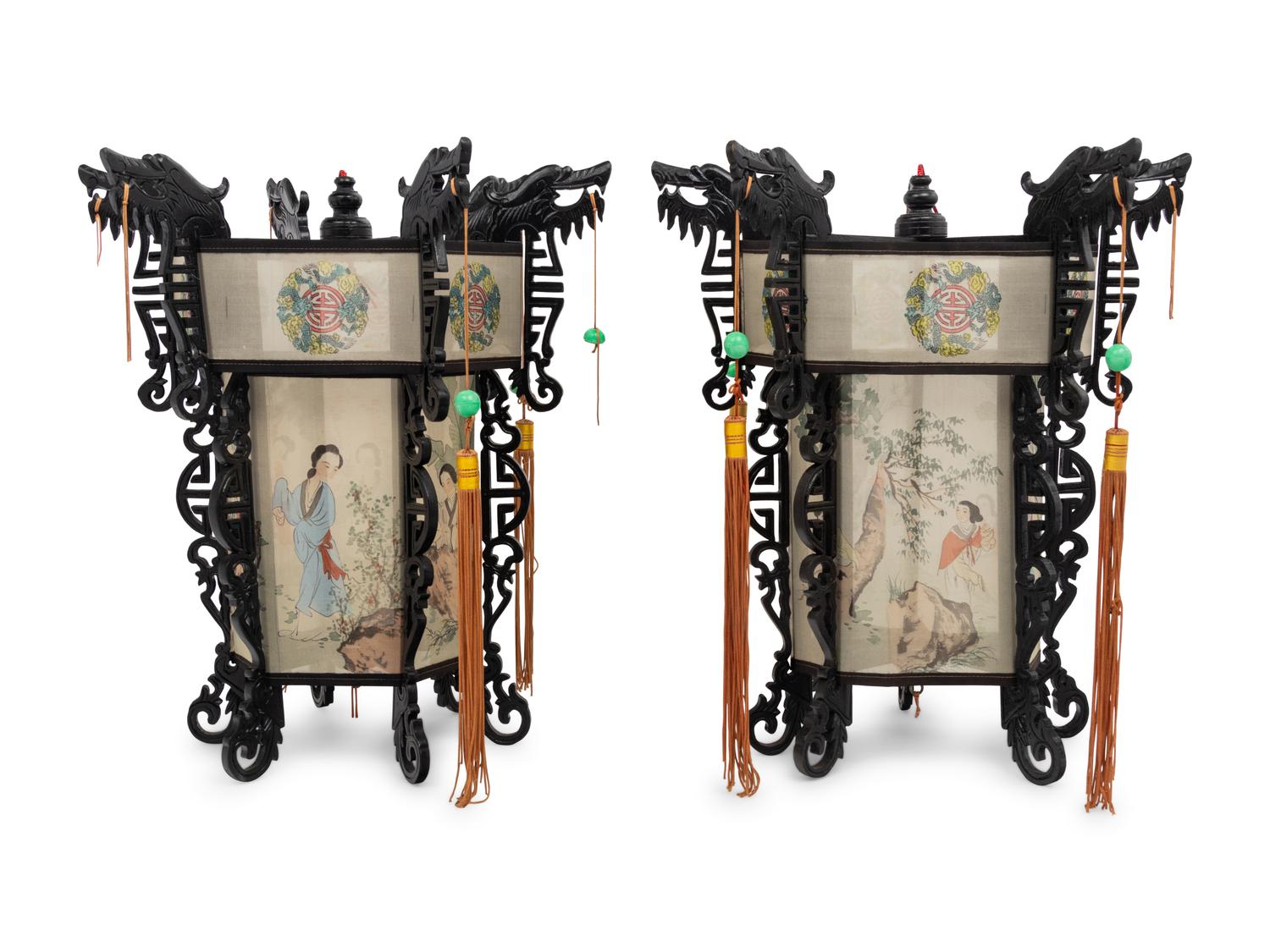 A Pair of Chinese Painted Silk and Wood Lanterns