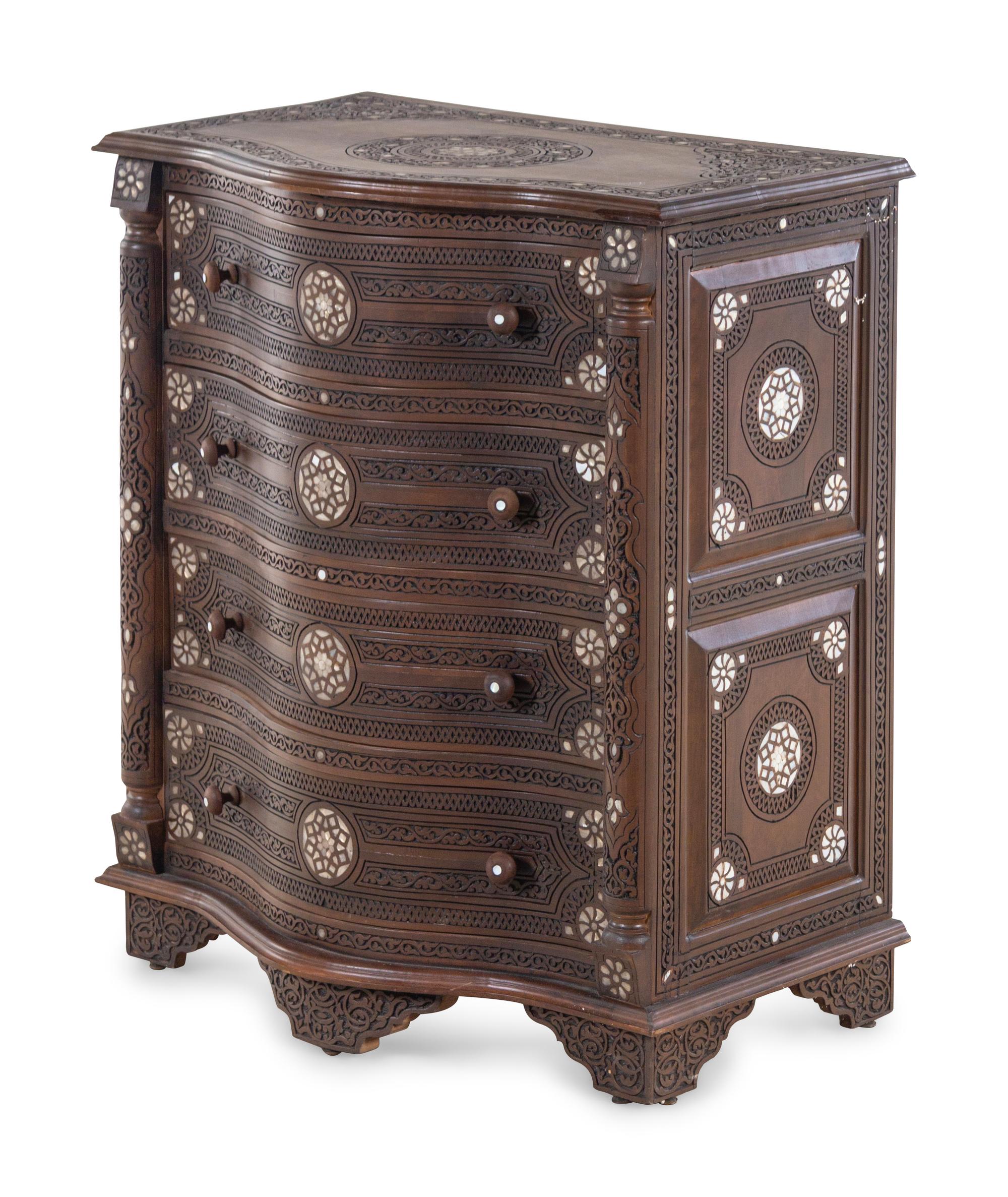 A Near Pair of Syrian Carved and Mother-of-Pearl Inlaid Walnut Serpentine Chest of Drawers