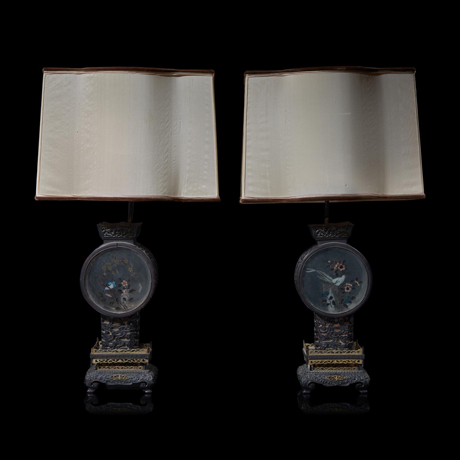 A Pair of Chinese Painted Glass and Carved Wood Lanterns, Mounted as Lamps 硬木嵌彩繪玻璃花鳥圖燈一對