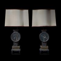 A Pair of Chinese Painted Glass and Carved Wood Lanterns, Mounted as Lamps 硬木嵌彩繪玻璃花鳥圖燈一對