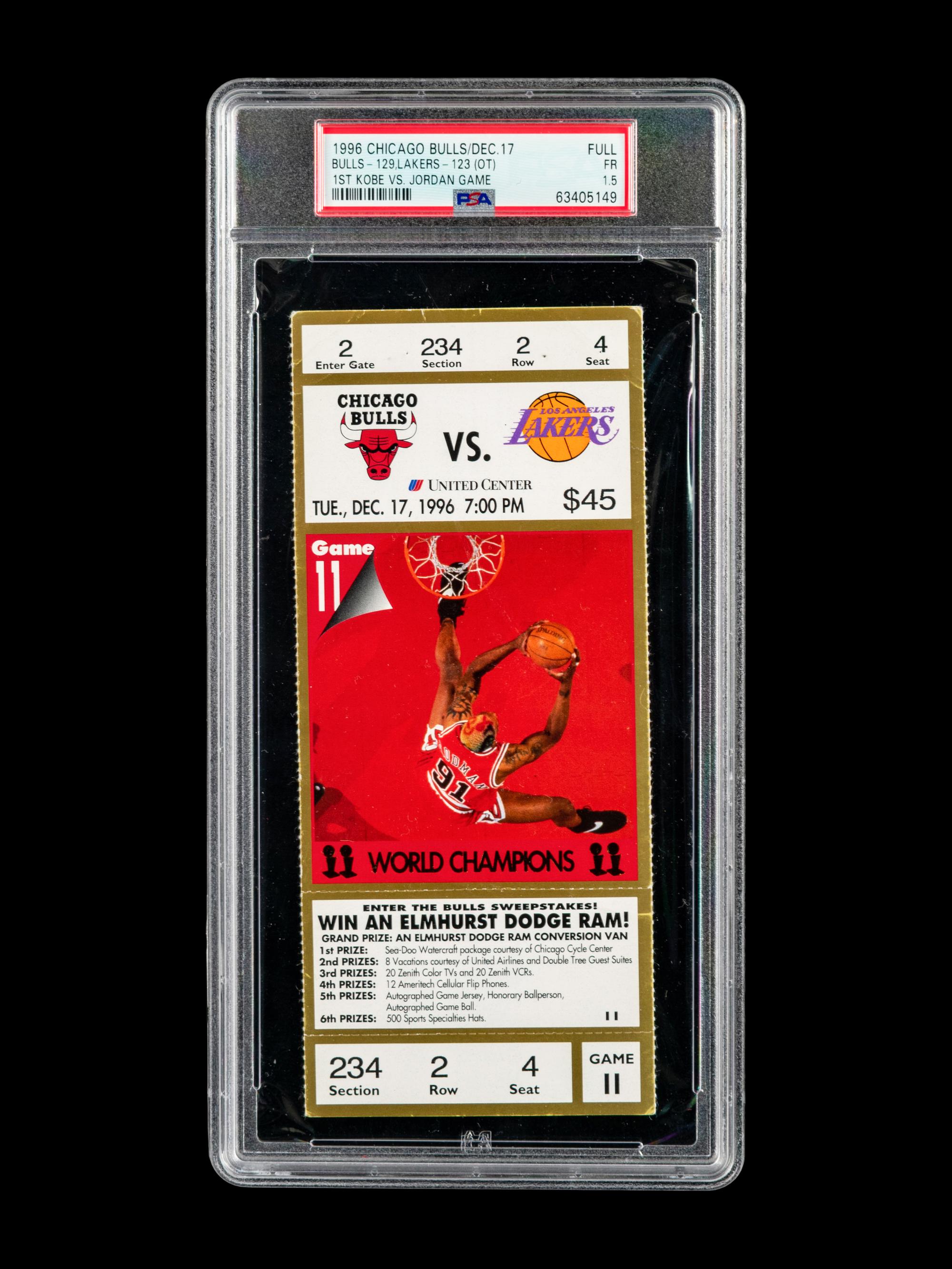 An Exceptionally Rare December 17, 1996 Chicago Bulls vs. Los Angeles Lakers Full Ticket From The First Game Between Michael Jordan and Kobe Bryant (PSA Population of Four),