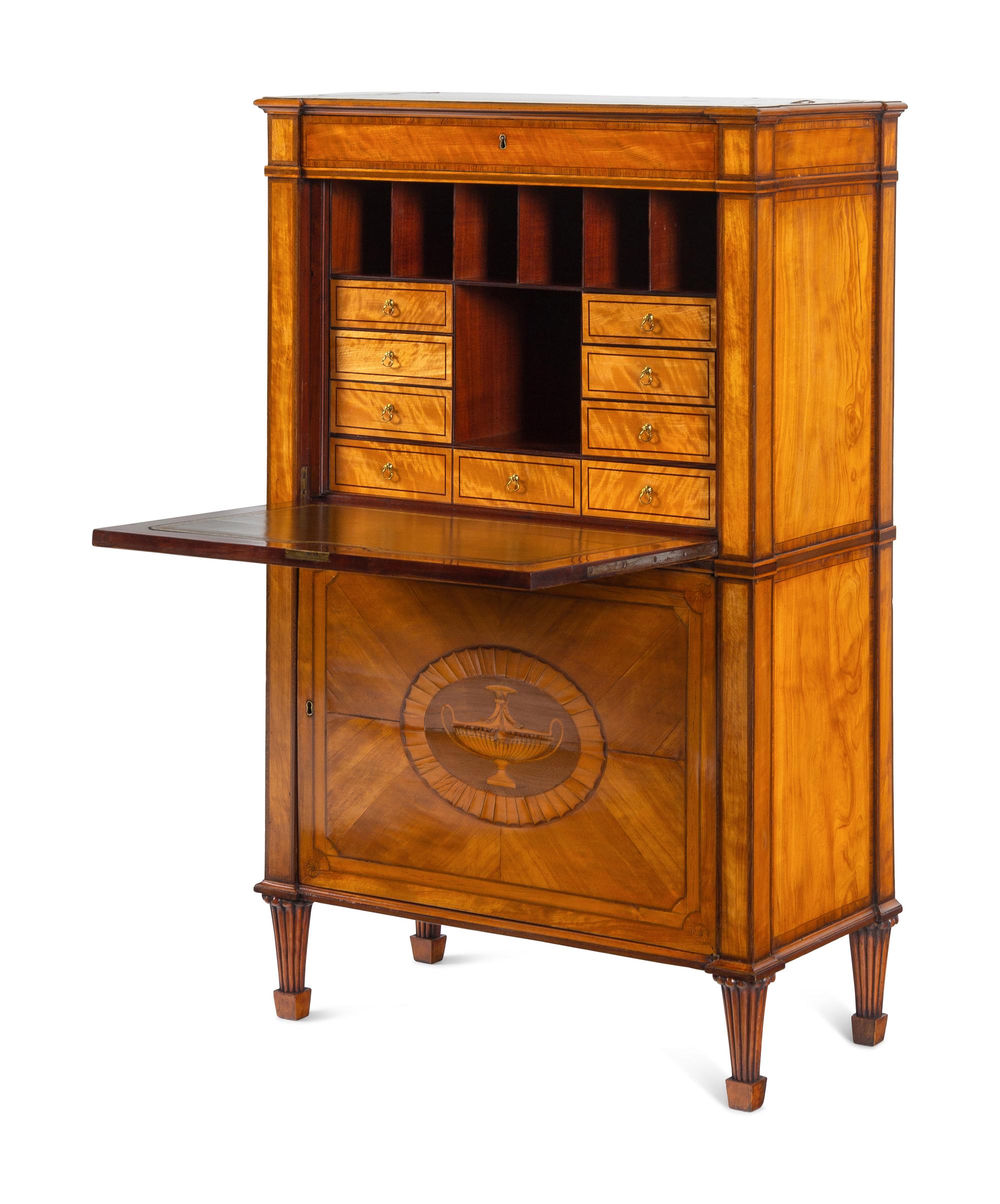 A George III Satinwood, Tulipwood and Amaranth Marquetry Fall-Front Secrétaire