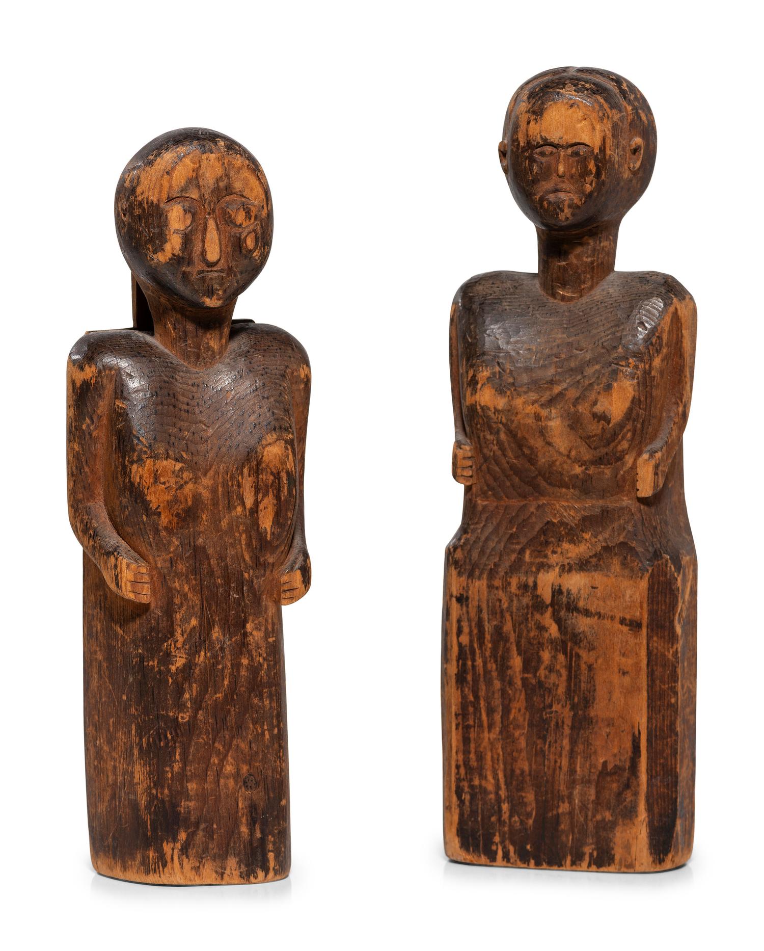 Two Carved Pine "Bedpost" Dolls