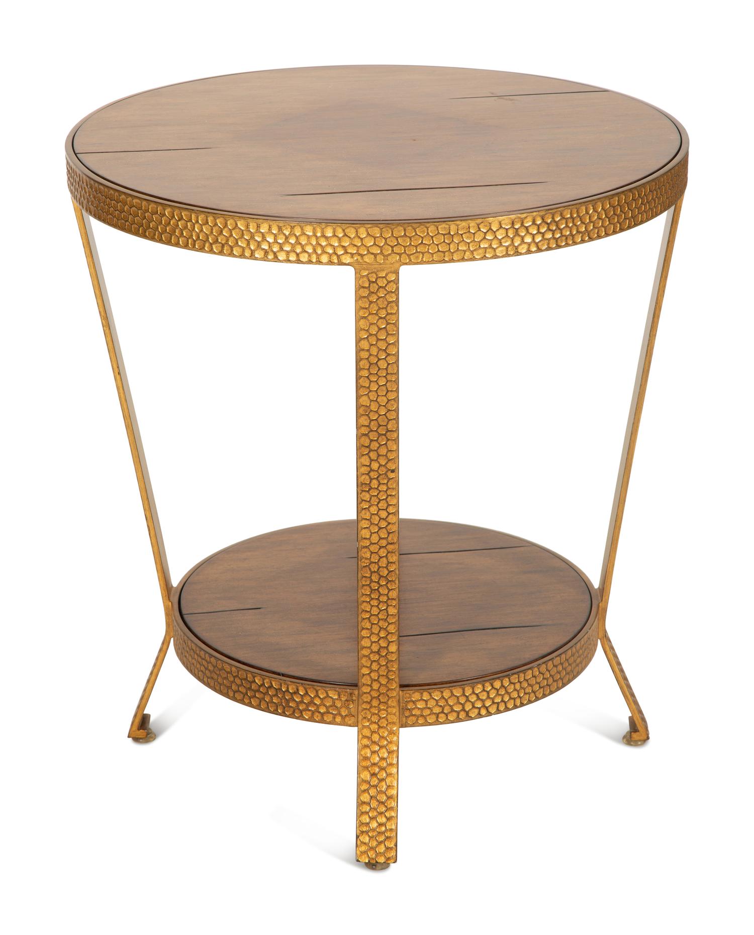 A Modern Textured Gilt Bronze Two Tier Table with Inset Wood Top and Shelf — 20th Century