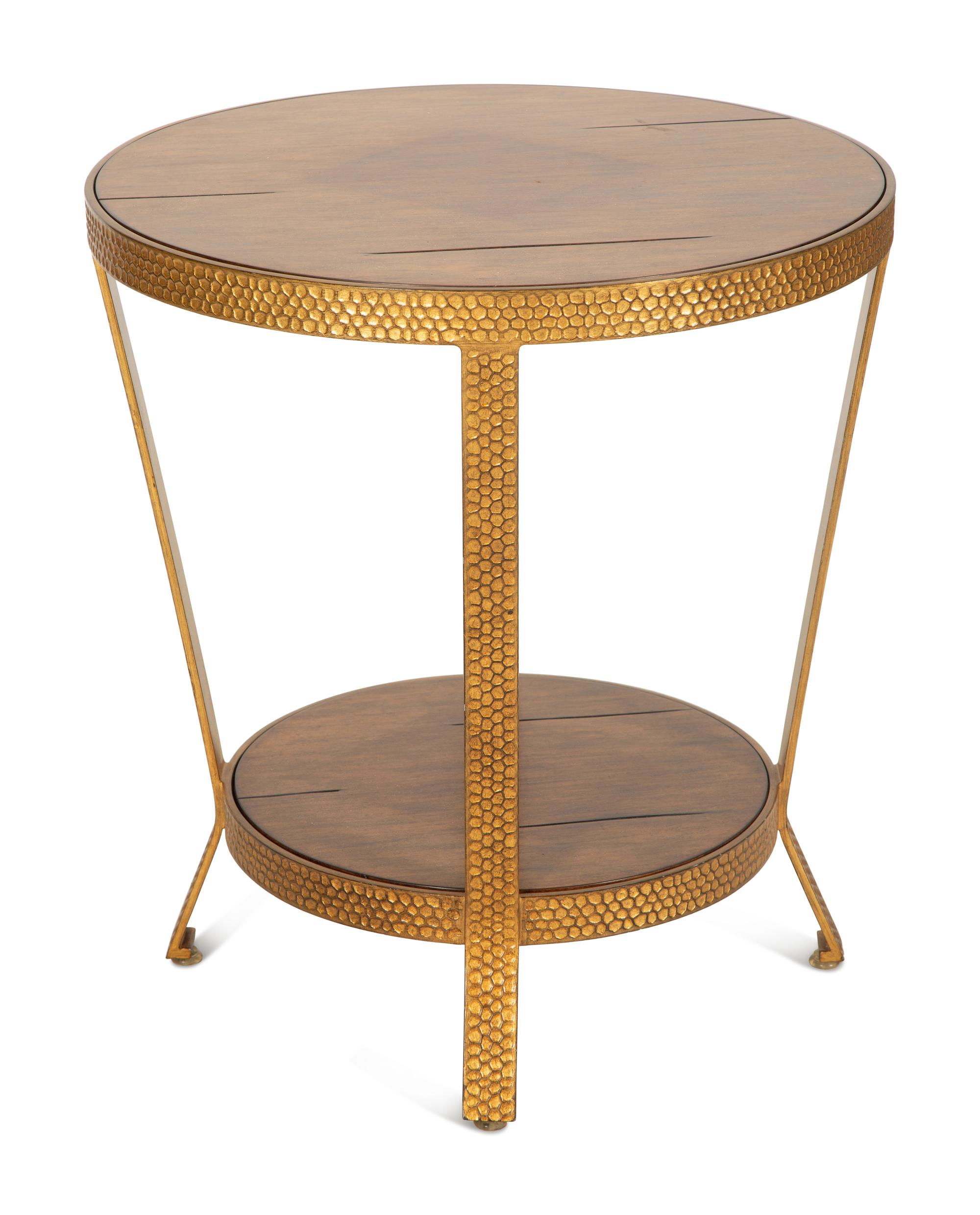A Modern Textured Gilt Bronze Two Tier Table with Inset Wood Top and Shelf — 20th Century