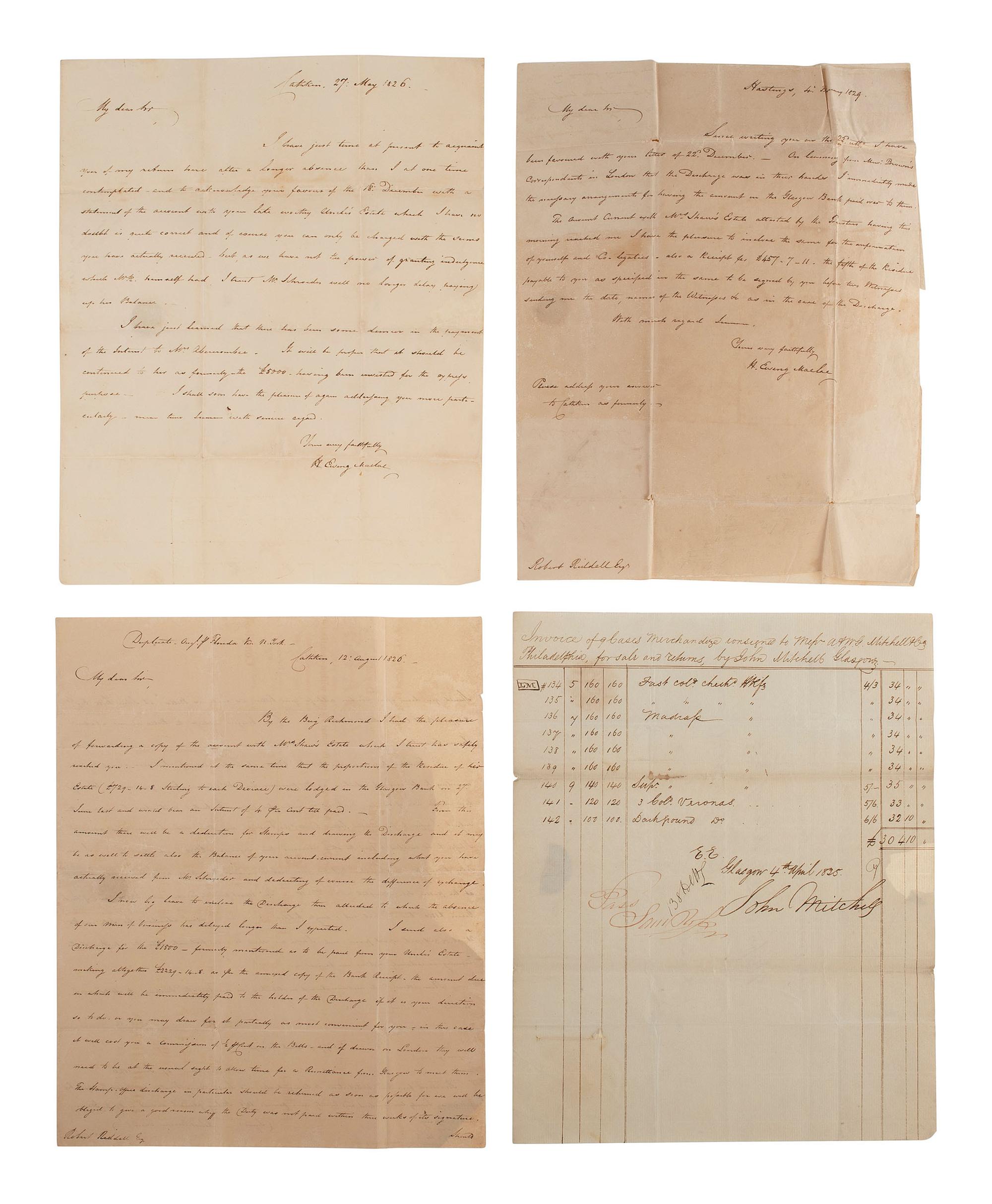 [TRANSPORTATION - SHIPS]. Collection of Trans-Atlantic mail, steamship freight bills. and checks.