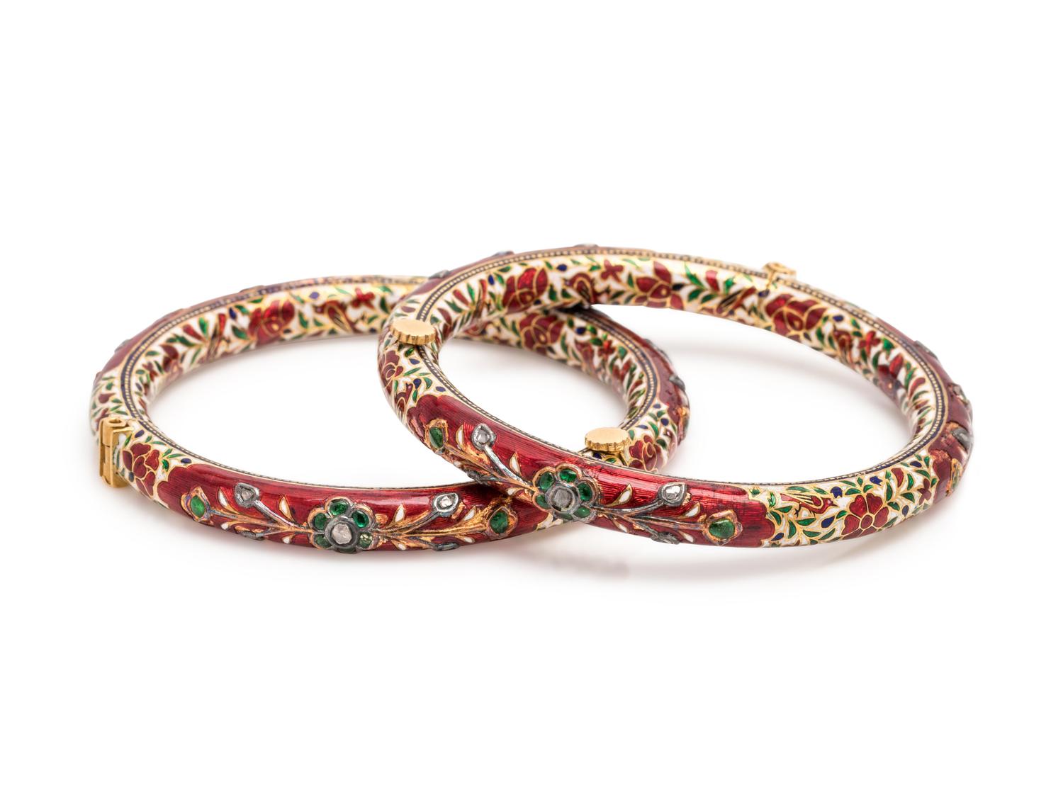 PAIR OF ENAMEL, DIAMOND AND GLASS BANGLE BRACELETS