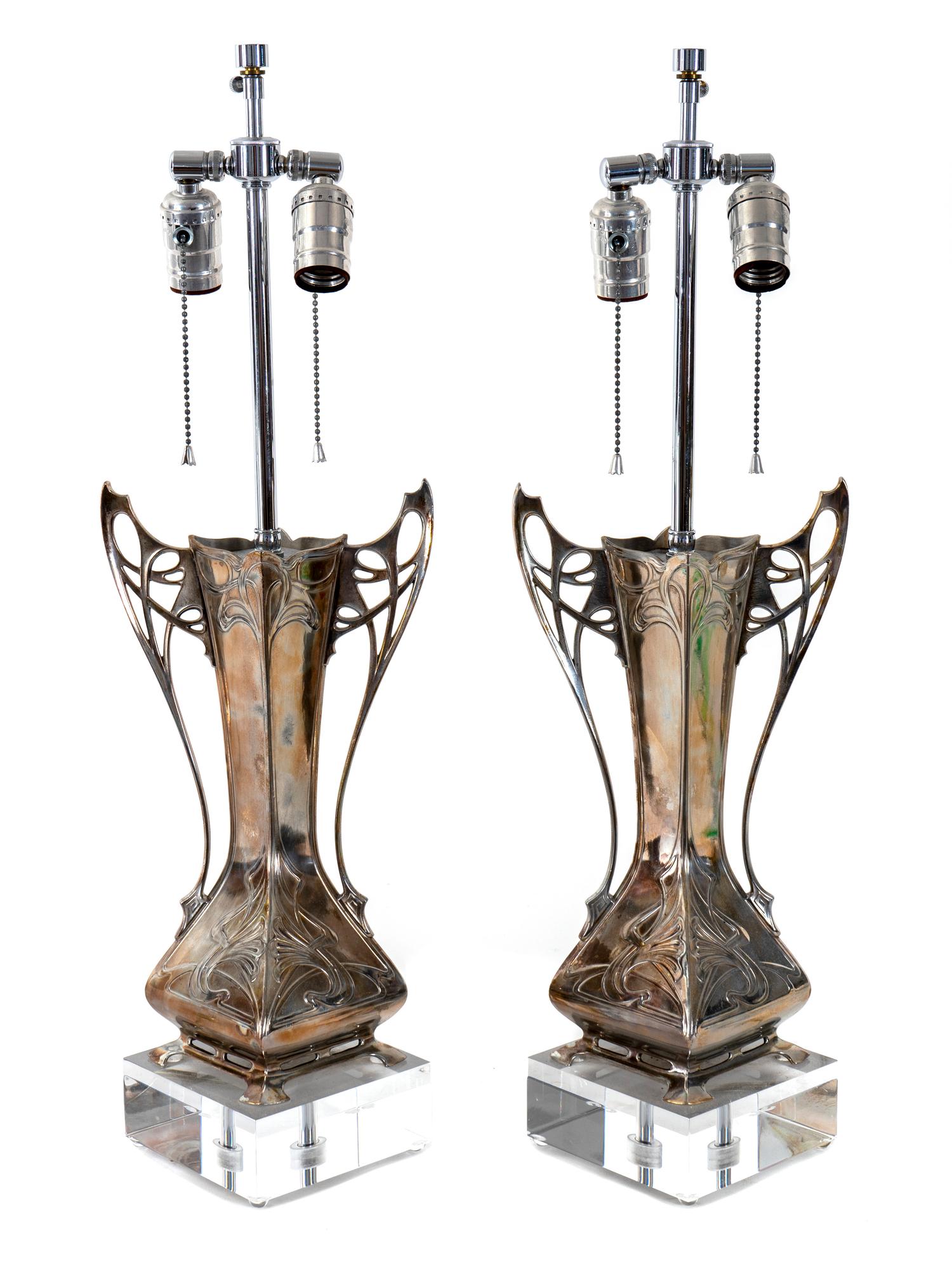 A Pair of Art Nouveau Style Silvered Metal Table Lamps — 20TH CENTURY