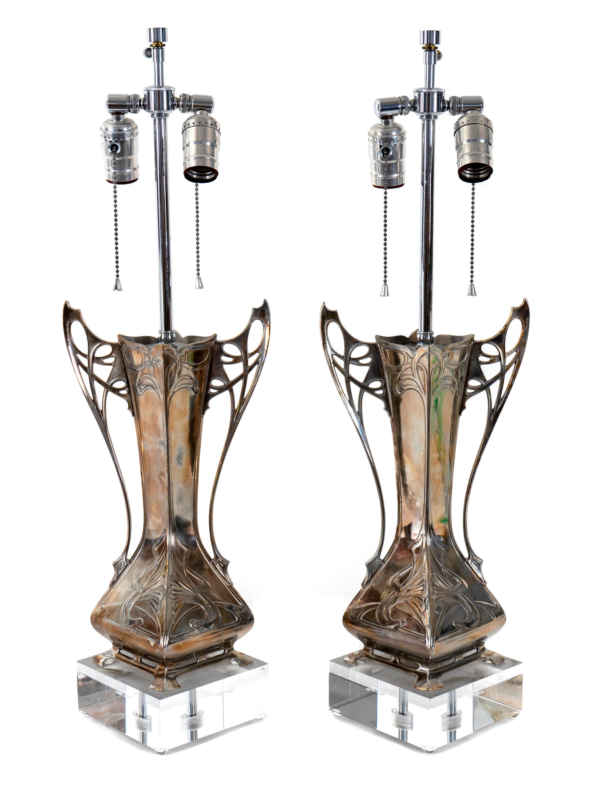 A Pair of Art Nouveau Style Silvered Metal Table Lamps — 20TH CENTURY