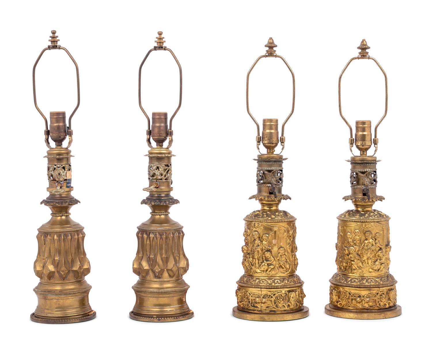 Two Pairs of French Gilt Metal Fluid Lamps Converted to Electricity