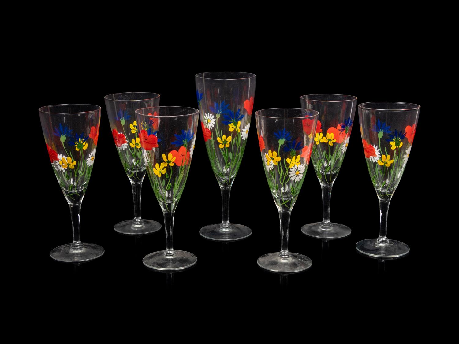 A Group of Seven Enameled Glass Stemware Articles