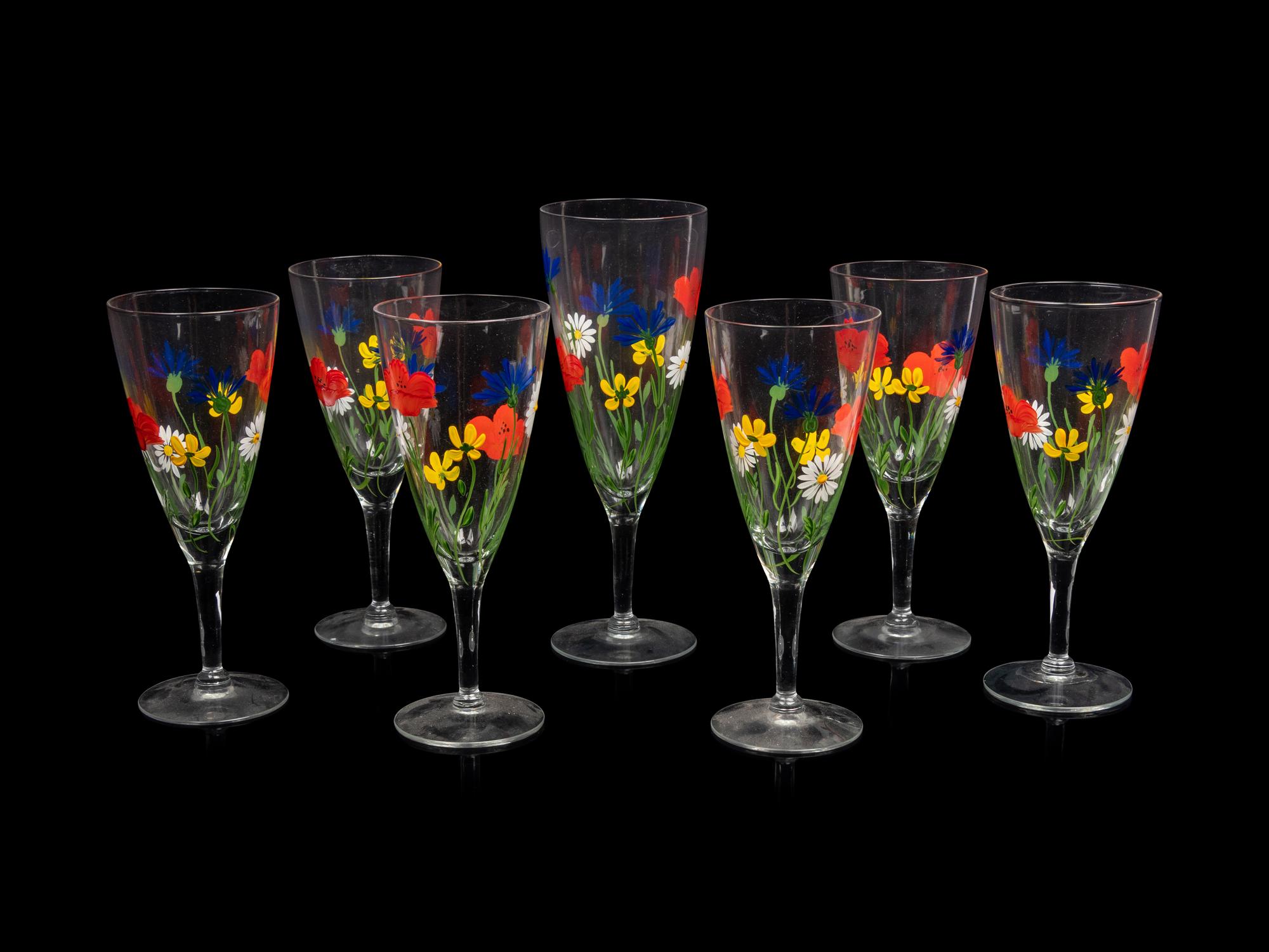 A Group of Seven Enameled Glass Stemware Articles
