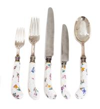 A Sterling and Porcelain Flatware Service for Nine, Asprey & Co. Ltd, Sheffield, 1964, having floral decorated porcelain handles, the k
