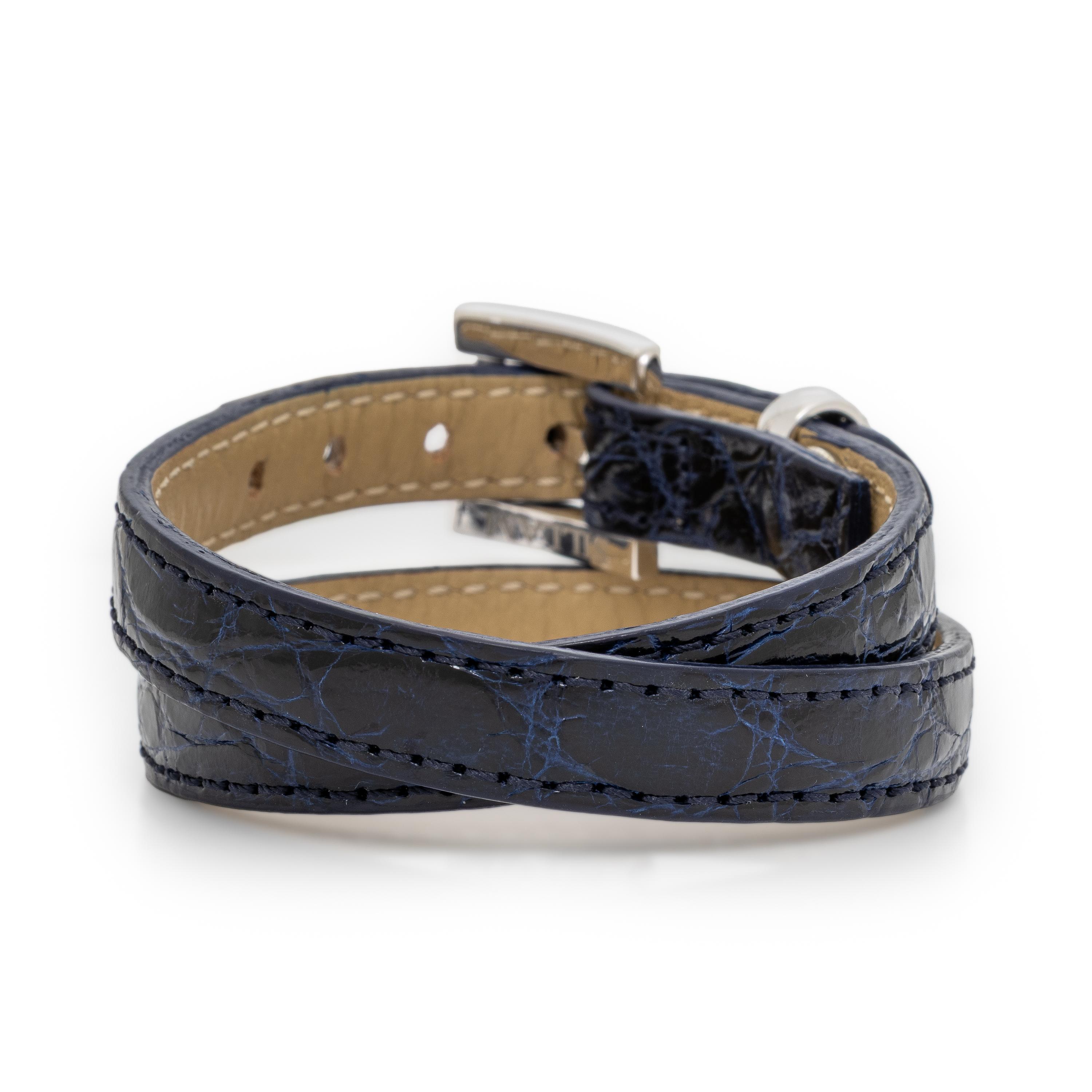 Sillam, Leather, Diamond, and White Gold Double Wrap Buckle Bracelet