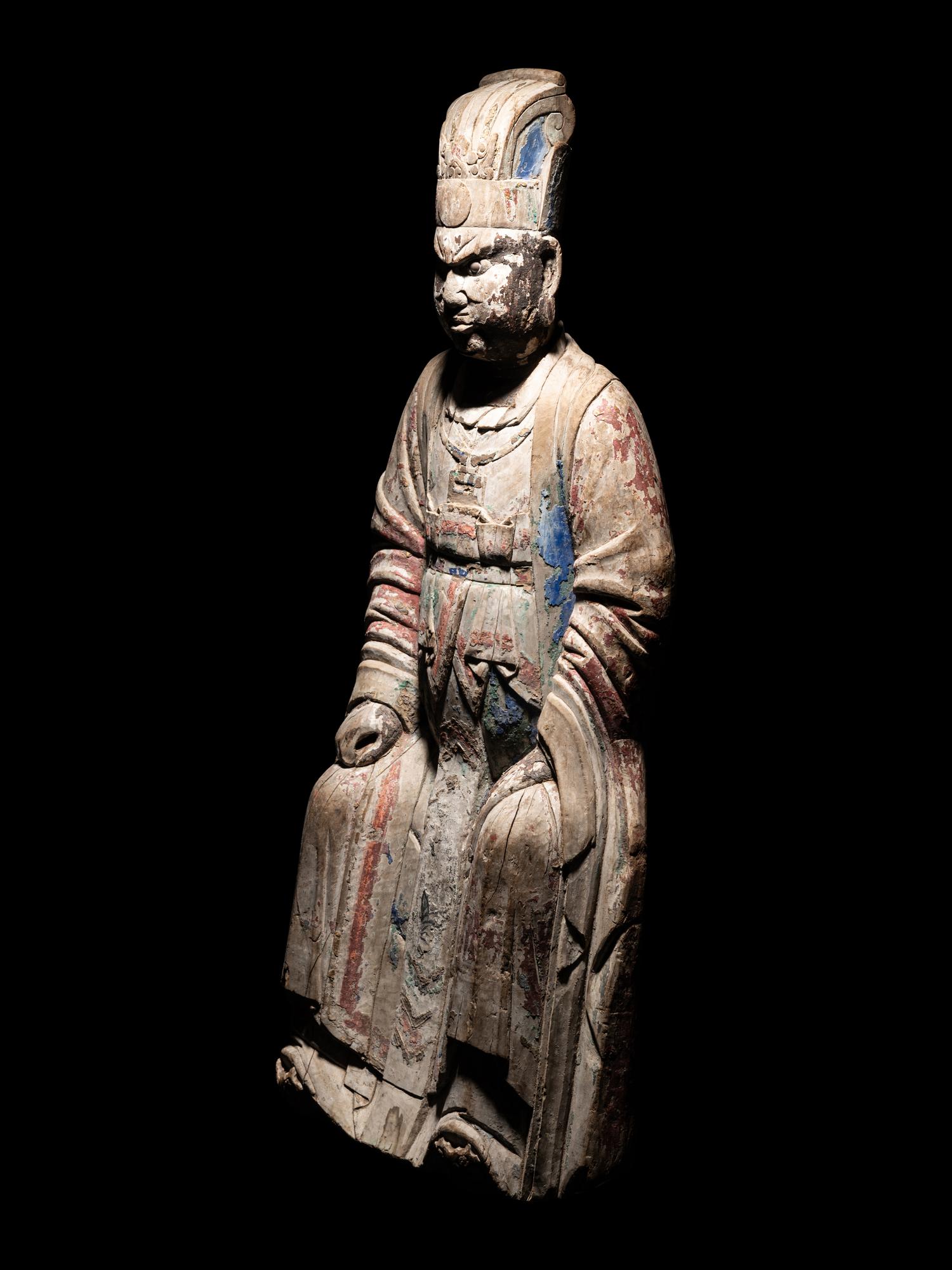 Two Large Carved Wood Figures of Seated Daoist Immortals