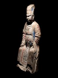 Two Large Carved Wood Figures of Seated Daoist Immortals