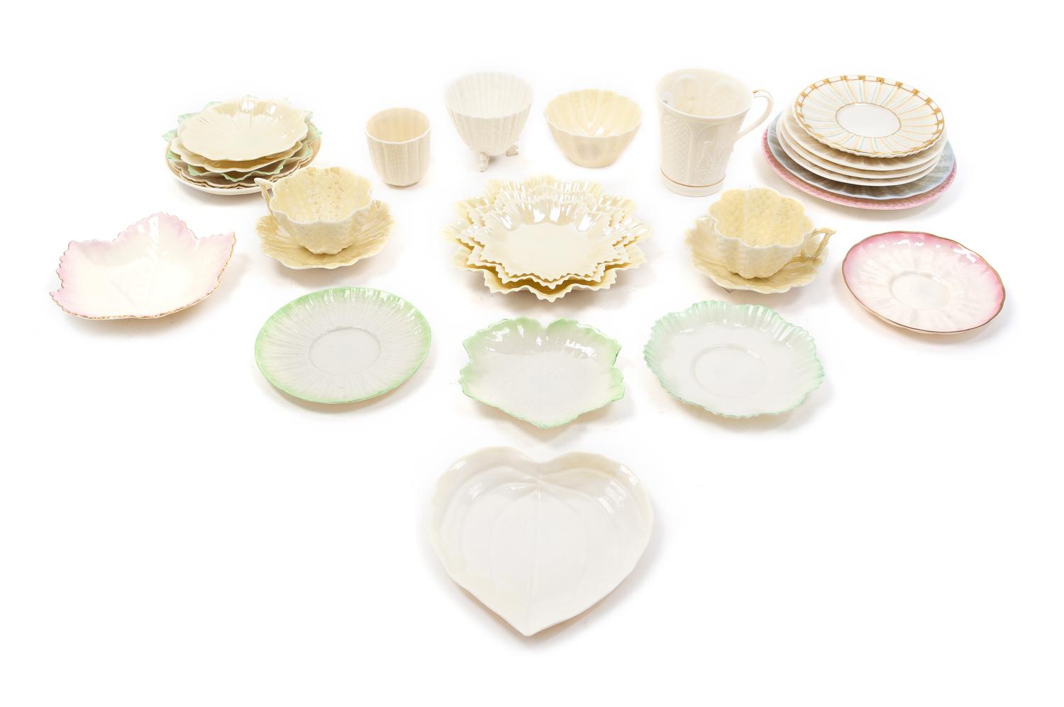A Collection of Belleek Tea Cups and Saucers Diameter of largest saucer 7 3/8 inches. — FIRST BLACK MARK THROUGH SEVENTH GOLD MARK (1863-1993)