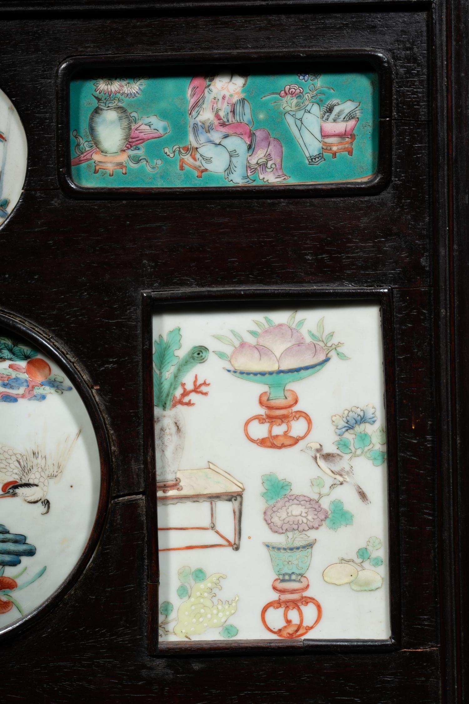A Chinese Famille Rose Porcelain Inset Hardwood Table Screen
