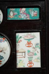A Chinese Famille Rose Porcelain Inset Hardwood Table Screen