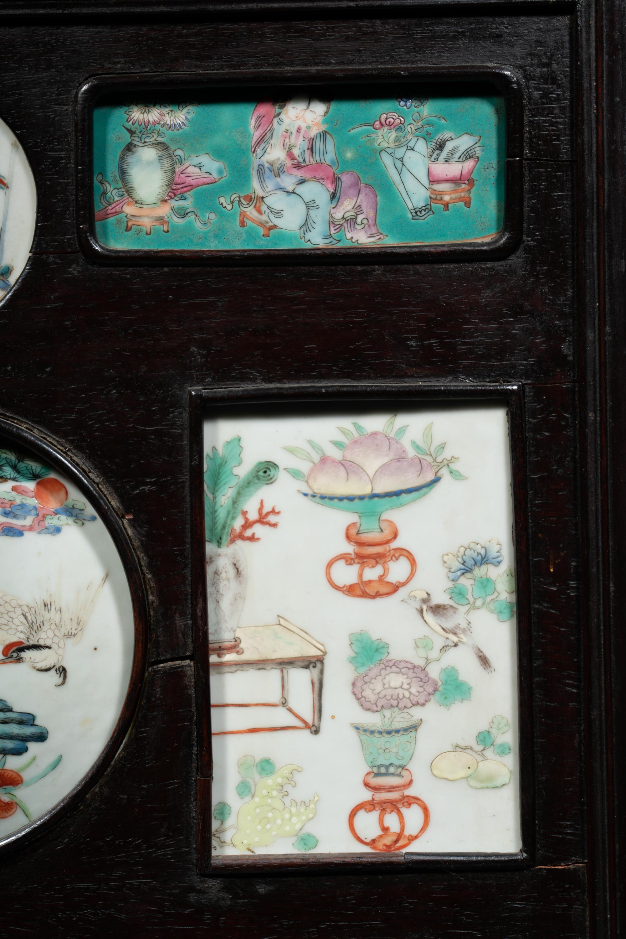 A Chinese Famille Rose Porcelain Inset Hardwood Table Screen