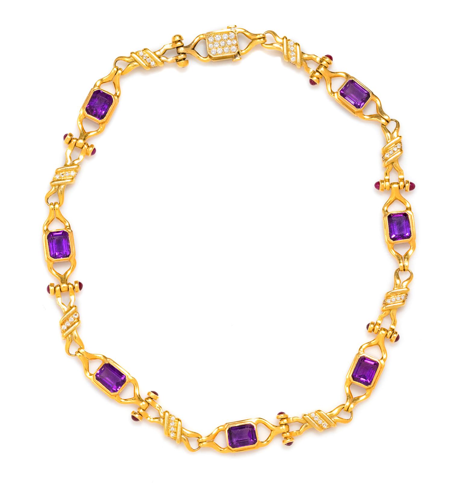 An 18 Karat Yellow Gold, Amethyst, Ruby and Diamond Necklace, Susan Berman, 35.00 dwts.