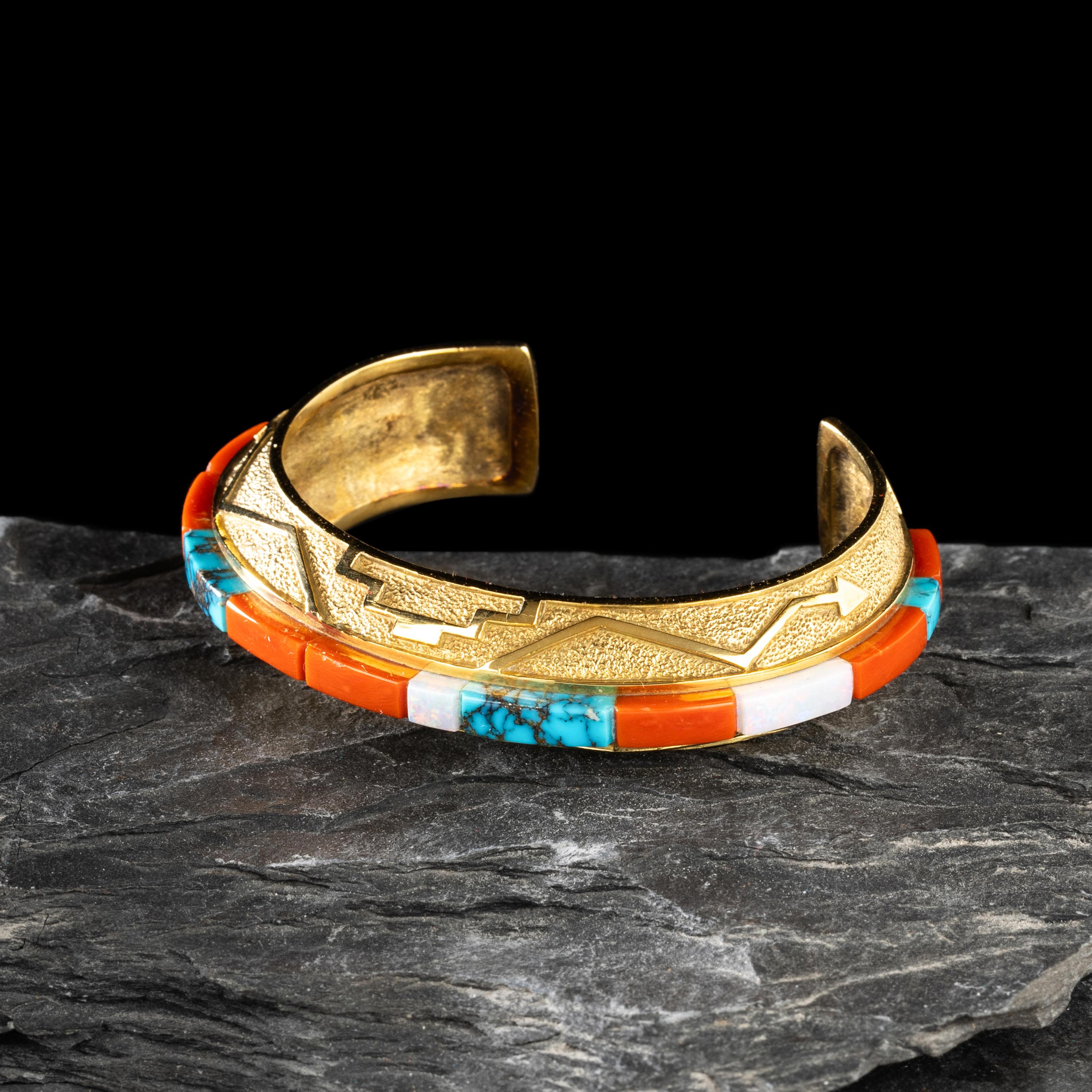 Don Supplee (Hopi, b. 1965) — 18K Gold, Coral, Turquoise, and Opal Cuff Bracelet