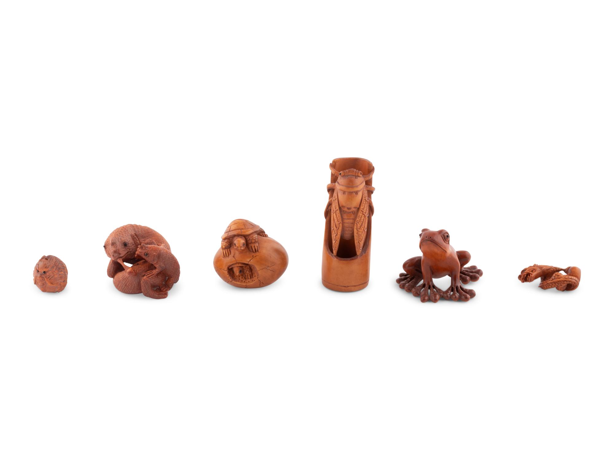 Four Japanese Boxwood Netsuke and Two Ojime