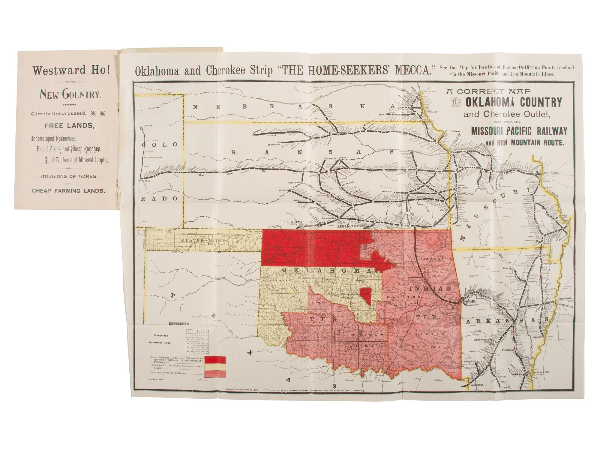 [MAPS -- OKLAHOMA LAND RUSH]. Statistics and Information Concerning the Indian Territory, Oklahoma, and the Cherokee Strip, With It’s Millions of Acres of Unoccupied Lands.... St. Louis, MO: Woodward & Tiernan Printing Co., [1893].