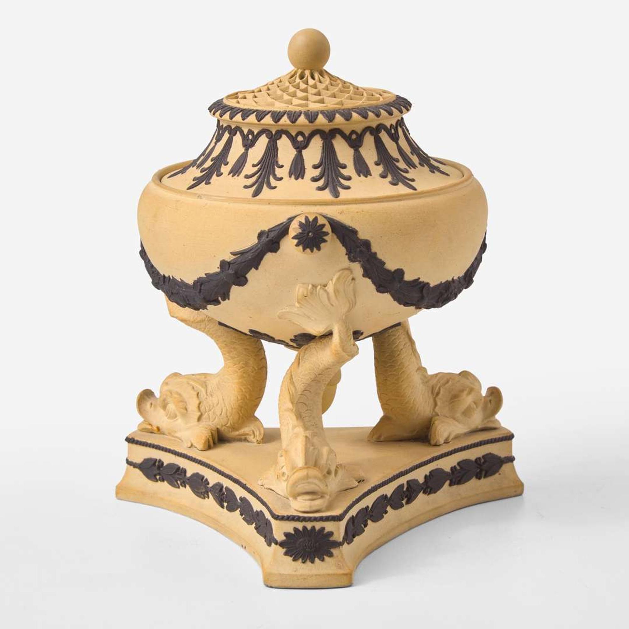 A Wedgwood Black Basalt-Decorated Caneware "Dolphin" Pastille Burner UK, circa 1810