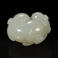 A small Chinese white jade "Cats" toggle 白玉双欢