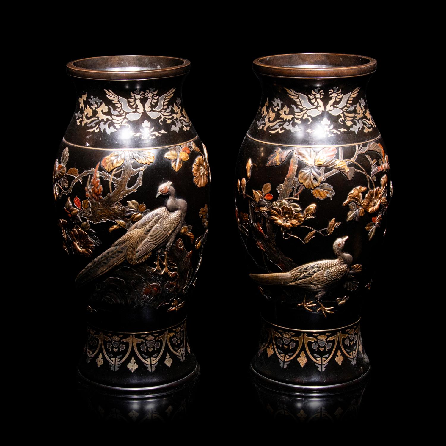A Pair of Japanese Bronze and Mixed-Metal Baluster Vases, Meiji Period, Late 19th Century