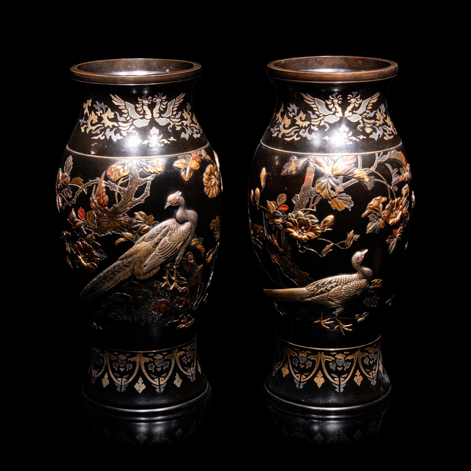 A Pair of Japanese Bronze and Mixed-Metal Baluster Vases, Meiji Period, Late 19th Century